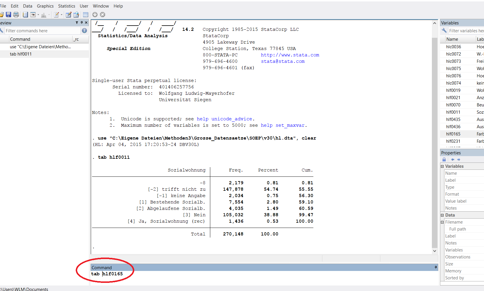 Stata screen with command in command window highlighted