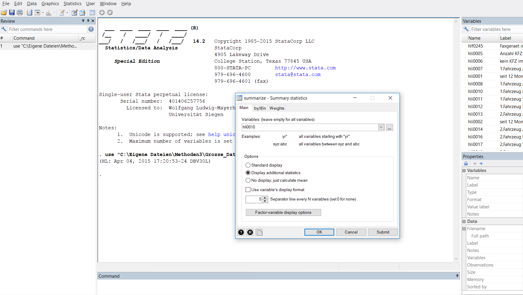 Stata screen with a pop-up window